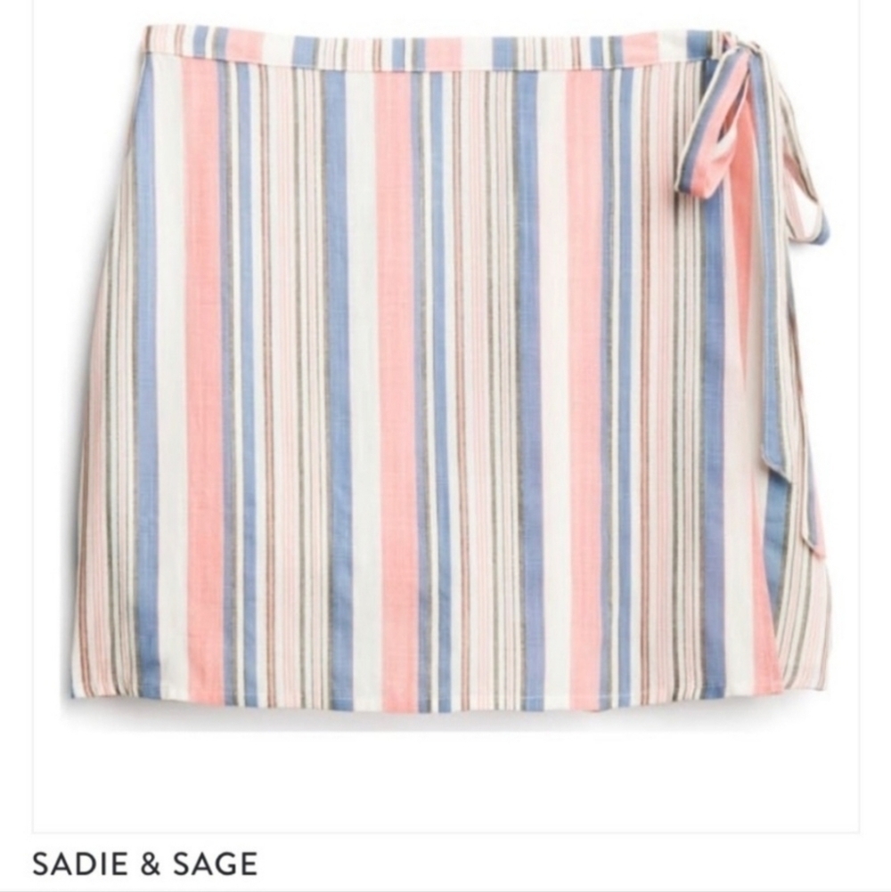 NWT Sadie & Sage Lilia Faux Coral Blue White Striped Wrap Skirt Women's Medium M
